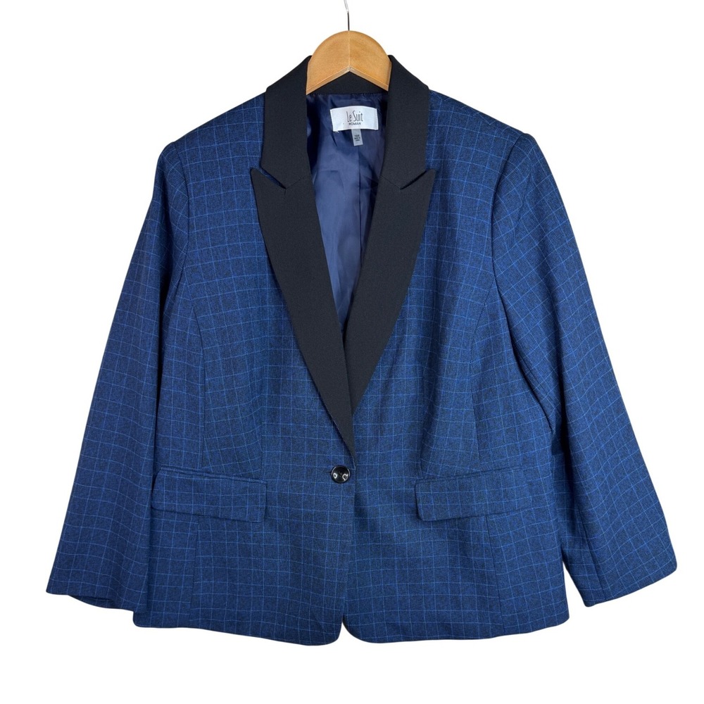 New Le Suit Woman Contrast Collar Windowpane Check Blazer size 16W Blue/Black